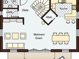 Blockhaus Musterhaus Mülheim-Kärlich 1 D122 von Frammelsberger R. Ingenieur-Holzbau, Satteldach-Klassiker Grundriss 1