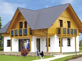 Blockhaus Wagner D139 von Frammelsberger R. Ingenieur-Holzbau, Satteldach-Klassiker Außenansicht 1