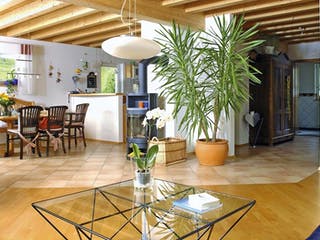 Blockhaus Müller D141 von Frammelsberger R. Ingenieur-Holzbau, Pultdachhaus Innenansicht 1