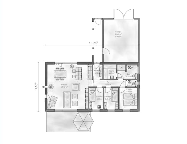 4-Zimmer-Grundriss Bungalow mit Doppelgarage von Gebrüder Noack Holzbau