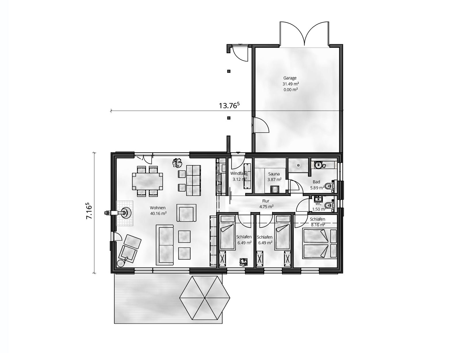 Fertighaus Haus Meyer von Gebrüder Noack Holzbau Schlüsselfertig ab 310000€, Bungalow Grundriss 1