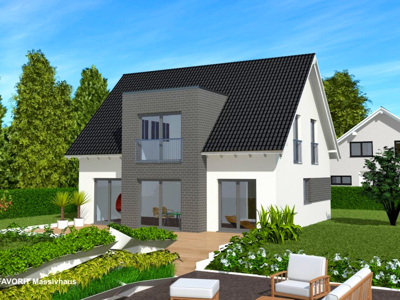 Massivhaus Noblesse 128 von FAVORIT Massivhaus Schlüsselfertig ab 322510€, Satteldach-Klassiker Außenansicht 1