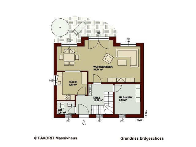 Massivhaus Noblesse 128 von Favorit Massivhaus Schlüsselfertig ab 335410€, Satteldach-Klassiker Grundriss 1
