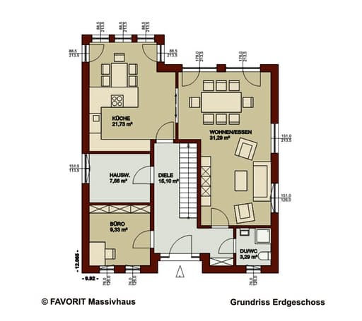 Massivhaus Noblesse 169 von Favorit Massivhaus Schlüsselfertig ab 345380€, Satteldach-Klassiker Grundriss 1