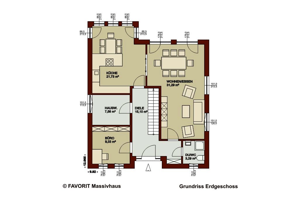 Massivhaus Noblesse 169 von Favorit Massivhaus Schlüsselfertig ab 369190€, Satteldach-Klassiker Grundriss 1