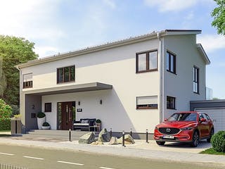 Massivhaus Hausidee Coburg von Ohrdrufer Hausbau Schmidt & Schwaab, Pultdachhaus Außenansicht 1