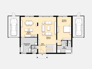 Massivhaus Hausidee Coburg von Ohrdrufer Hausbau Schmidt & Schwaab, Pultdachhaus Grundriss 1