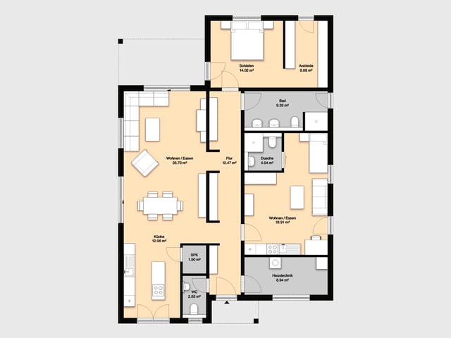 Massivhaus Hausidee Illmenau von Ohrdrufer Hausbau Schmidt & Schwaab, Bungalow Grundriss 1