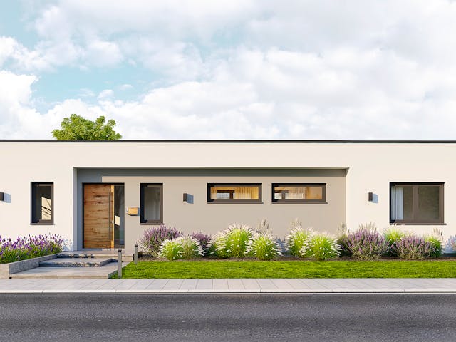 Fertighaus Bungalow 5 Flachdach von OKAL Haus Schlüsselfertig ab 553900€, Bungalow Außenansicht 2