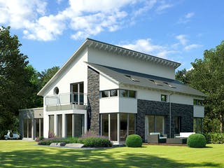 Fertighaus Musterhaus Bad Vilbel von OKAL Haus Schlüsselfertig ab 463900€, Pultdachhaus Außenansicht 1