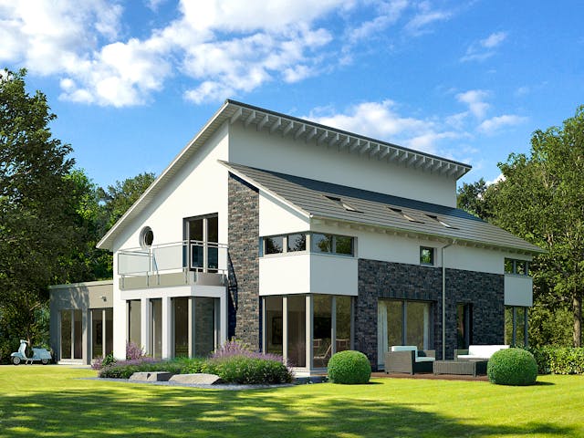 Fertighaus Musterhaus Bad Vilbel von OKAL Haus Schlüsselfertig ab 463900€, Pultdachhaus Außenansicht 1