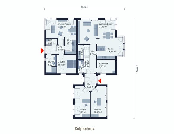 Grundriss eines Zweifamilienhauses mit Einliegerwohnung im Erdgeschoss