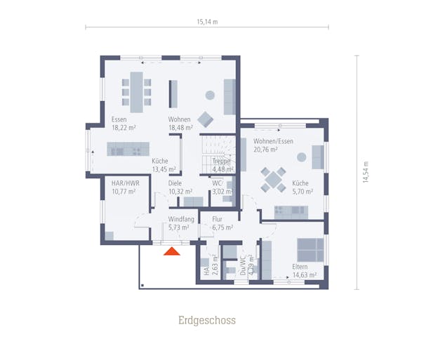 In diesem Grundriss eines Einfamilienhauses mit Einliegerwohnung von OKAL Haus ist die kleinere Wohneinheit im Erdgeschoss versetzt angeschlossen und wird durch einen gemeinsamen Eingangsbereich mit Windfang betreten.