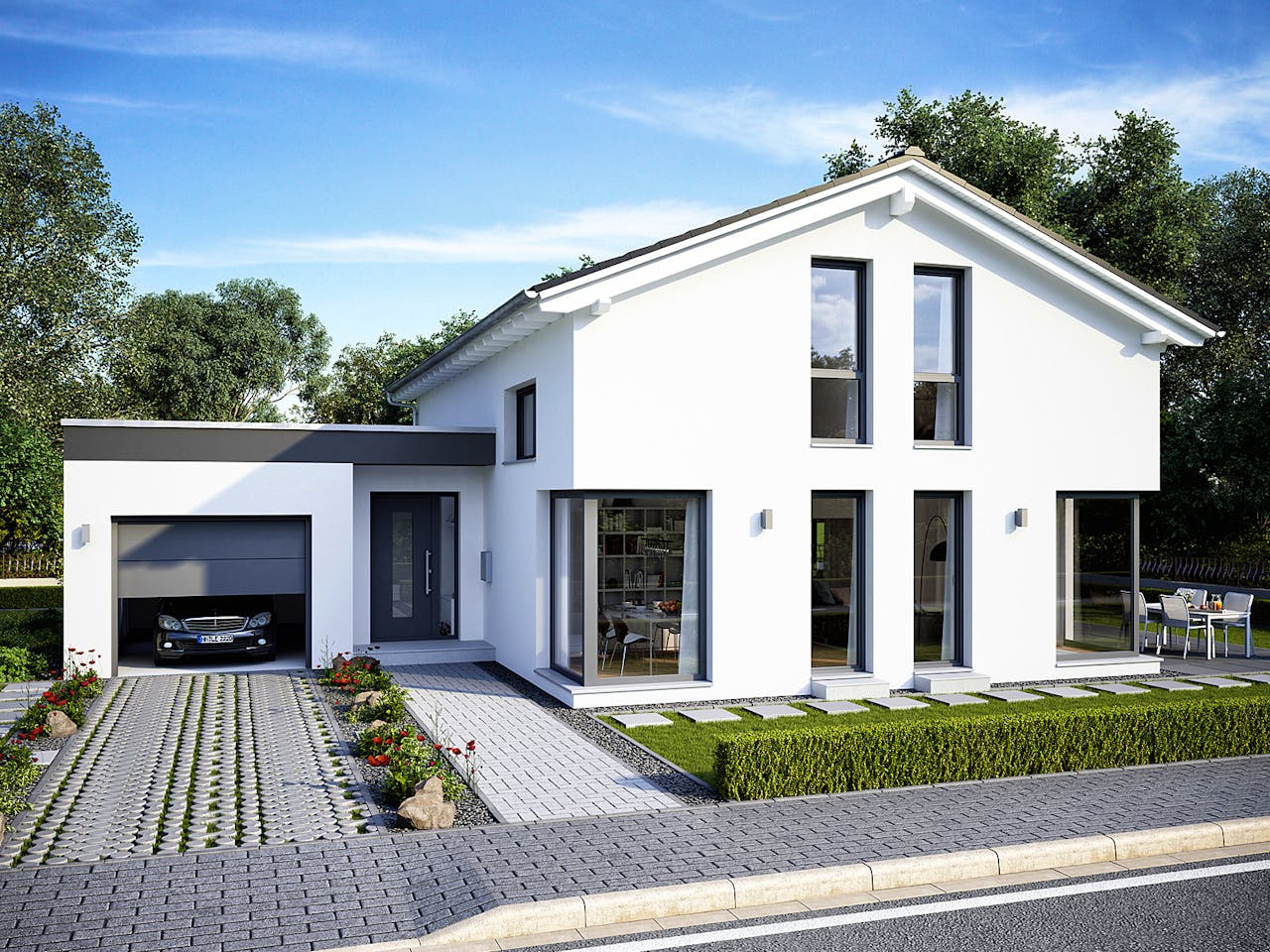 Fertighaus Musterhaus Mülheim-Kärlich von OKAL Haus Schlüsselfertig ab 519900€, Satteldach-Klassiker Außenansicht 1