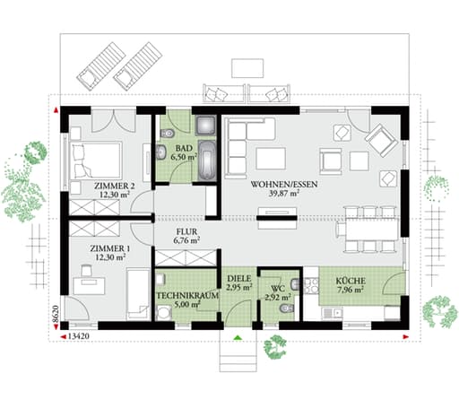 Fertighaus Perfect 98 (out) von DAN-WOOD HOUSE - Österreich Schlüsselfertig ab 157200€, Bungalow Grundriss 1