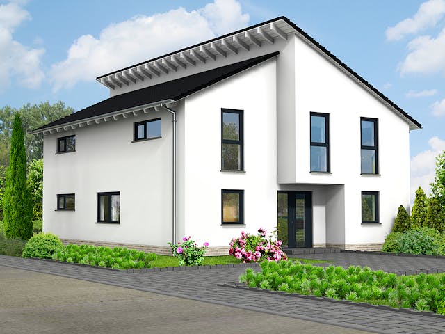 Fertighaus Darmstadt von Projekt Hausbau PHB Schlüsselfertig ab 436100€, Pultdachhaus Außenansicht 1