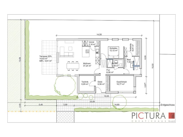 Massivhaus Bungalow Modern von PICTURA creativhaus Schlüsselfertig ab 420000€, Bungalow Grundriss 1