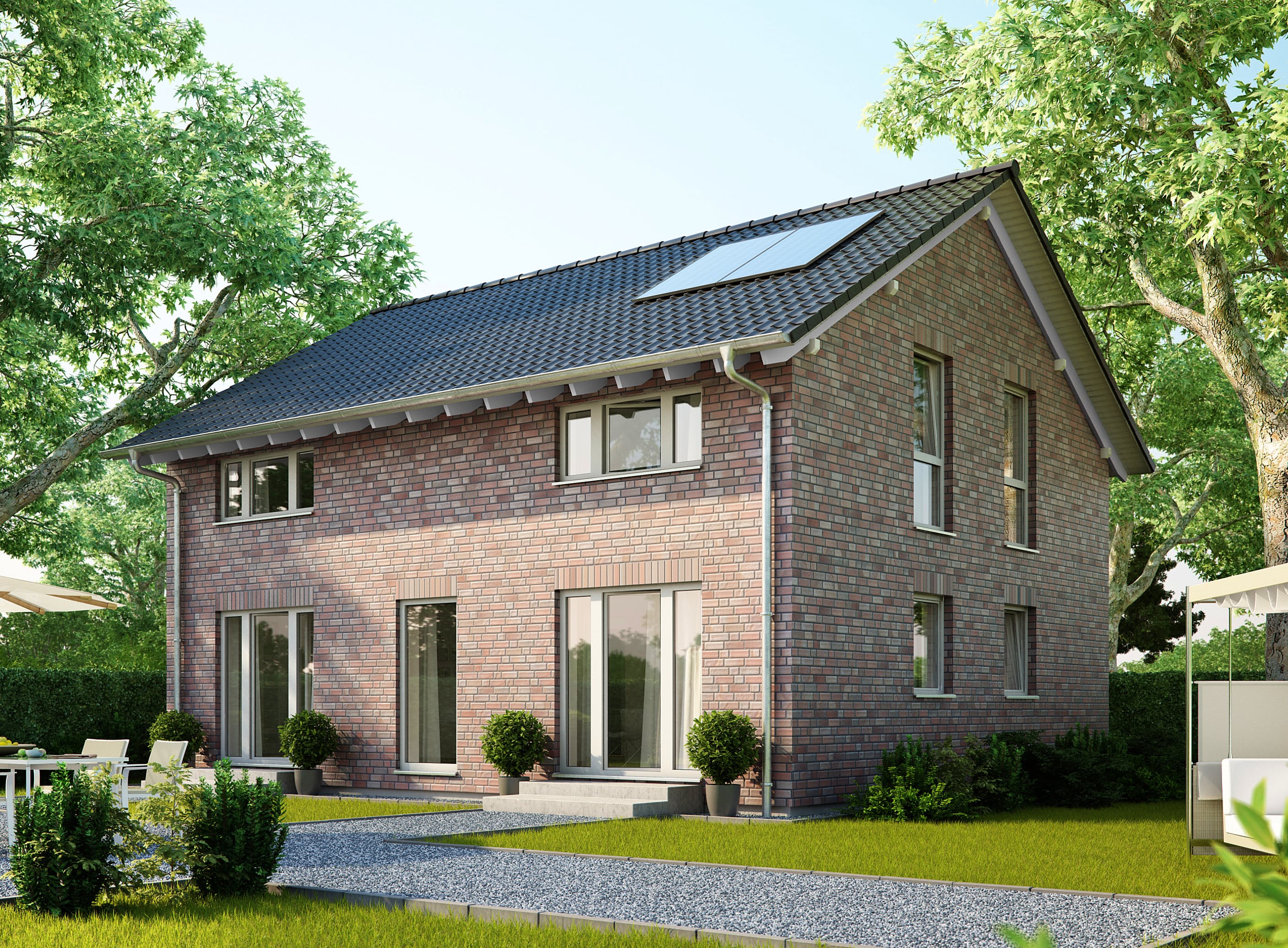 Fertighaus Platanenallee von GUSSEK HAUS Schlüsselfertig ab 343800€, Satteldach-Klassiker Außenansicht 1