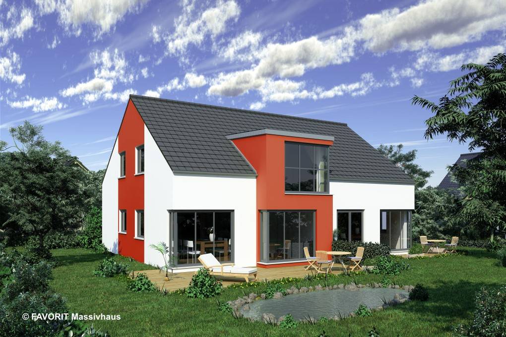 Massivhaus Premium 152/58 von Favorit Massivhaus Schlüsselfertig ab 510630€, Satteldach-Klassiker Außenansicht 1