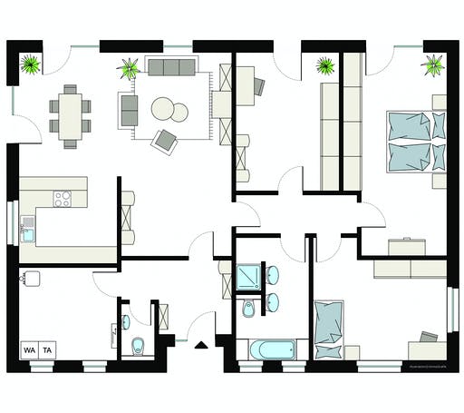 Fertighaus ProLife 151/20 von ProHaus Ausbauhaus ab 232300€, Bungalow Grundriss 1