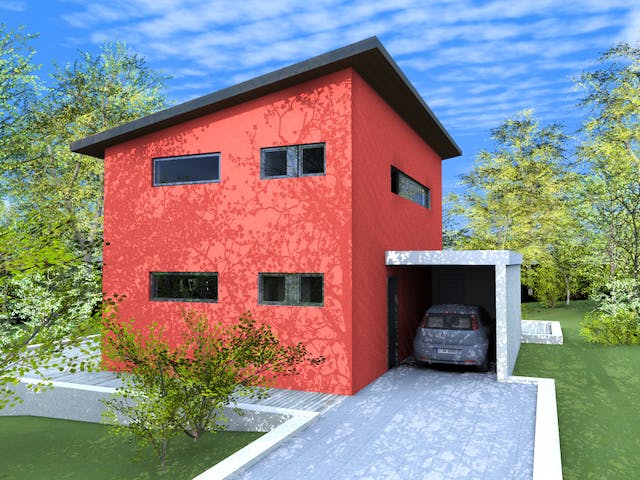 Massivhaus Pultline von Wagener Systemhausbau Schlüsselfertig ab 210000€, Pultdachhaus Außenansicht 2