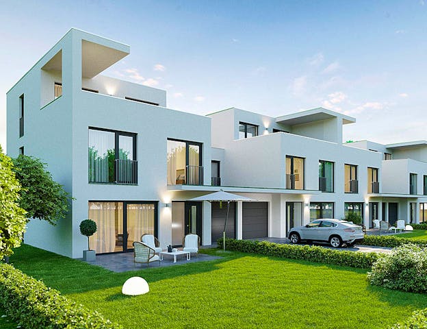 Bei diesem Reihenhaus-Grundriss mit modernem Kubusstil von P & P Massivhaus sind die Häuser an der Trennwand gespiegelt, Garage und Hauswirtschaftsraum sind so platziert, dass maximale Privatsphäre gewährleistet ist.