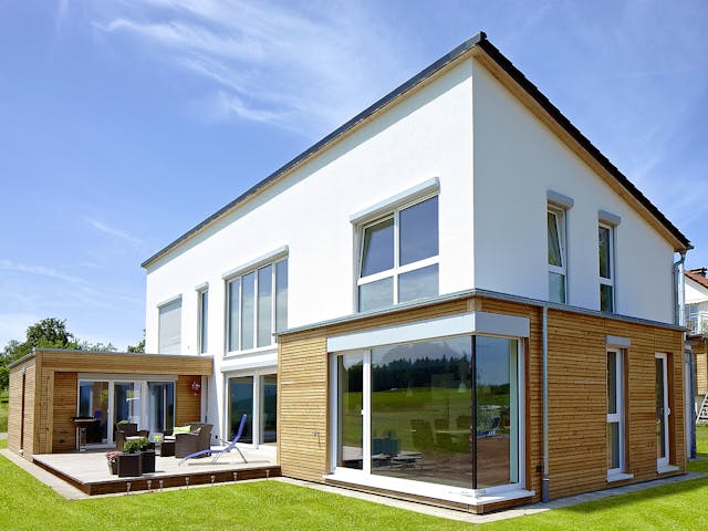 Fertighaus Ibiza von Rems-Murr-Holzhaus Ausbauhaus ab 441508€, Pultdachhaus Außenansicht 1 Fertighaus Ibiza von Rems-Murr-Holzhaus Ausbauhaus ab 441508€, Pultdachhaus Außenansicht 1