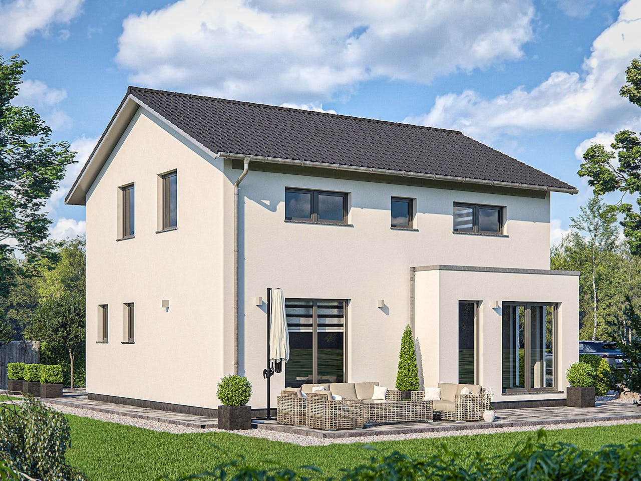 Fertighaus Clou 123.1 von RENSCH-HAUS Schlüsselfertig ab 337461€, Satteldach-Klassiker Außenansicht 1