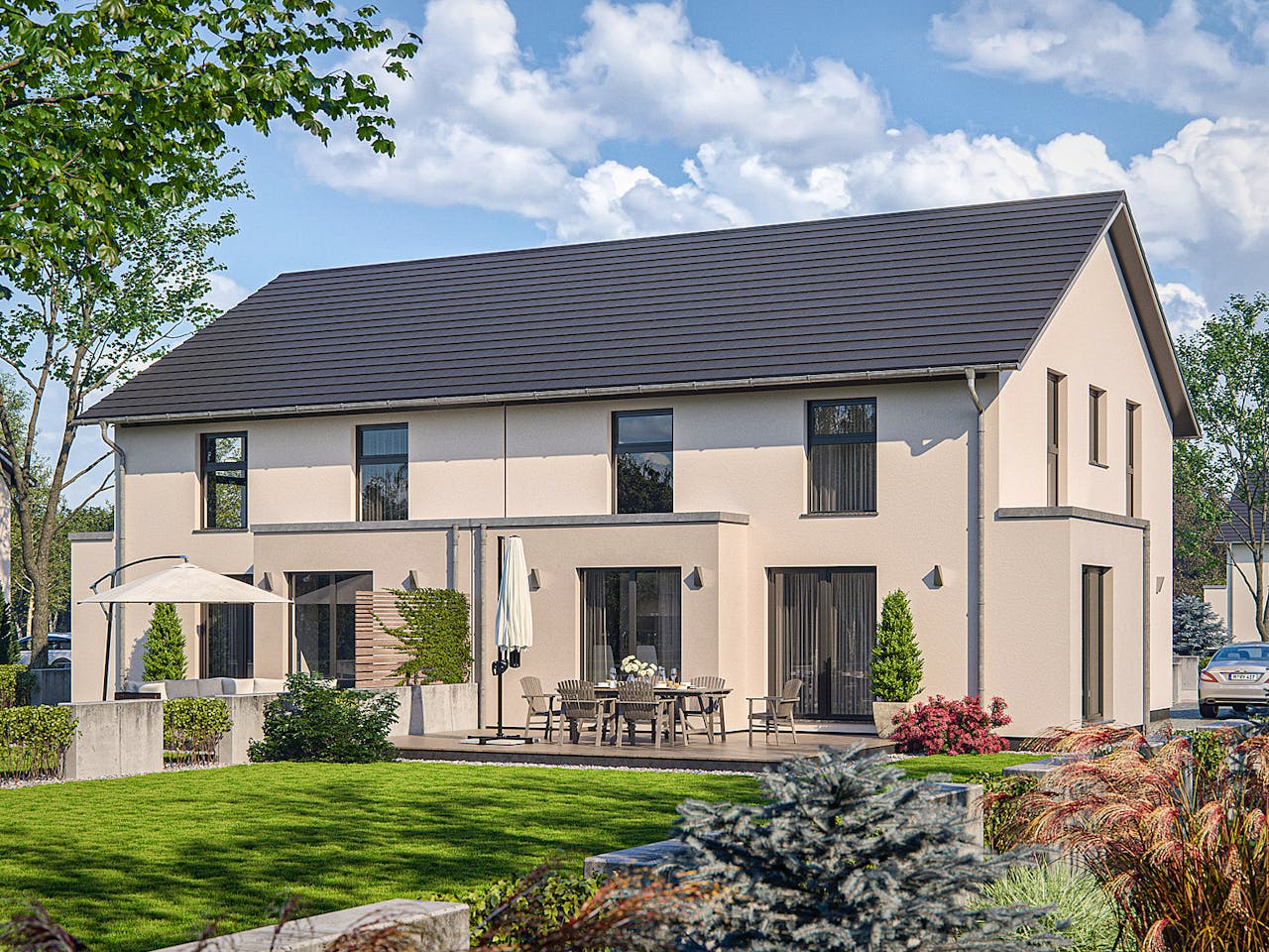 Fertighaus Clou 136.1 von RENSCH-HAUS Schlüsselfertig ab 376000€, Satteldach-Klassiker Außenansicht 1