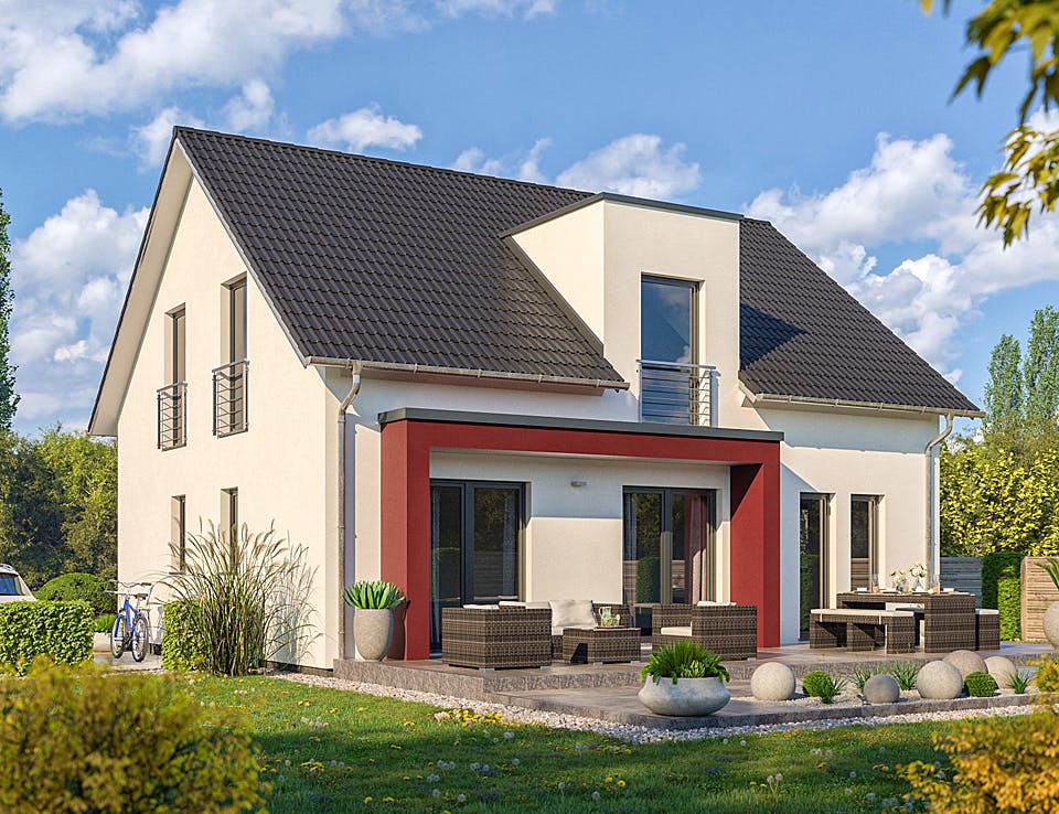 Fertighaus Life 157 von RENSCH-HAUS Schlüsselfertig ab 402850€, Satteldach-Klassiker Außenansicht 1