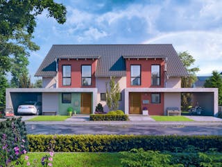 Fertighaus Doppelhaushälfte 38-119-125 von Rheno Systembau Schlüsselfertig ab 371740€, Satteldach-Klassiker Außenansicht 1