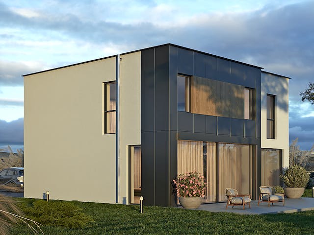 Massivhaus Komfort Haus - Bauhaus mit Erweiterung EG & OG von RKR Systembau, Cubushaus Außenansicht 1