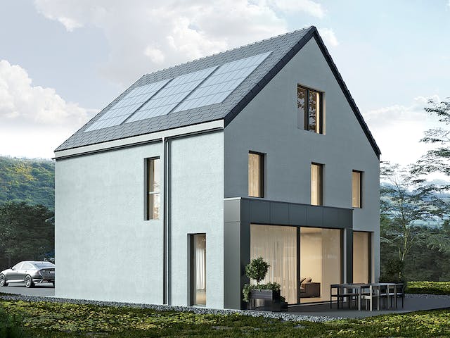 Massivhaus Komfort Haus - Studio mit Erweiterung EG von RKR Systembau, Satteldach-Klassiker Außenansicht 1