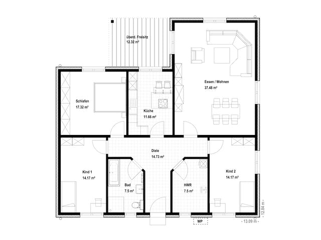 Massivhaus Vivaldi 140 von Rostow Massivhaus Schlüsselfertig ab 249350€, Bungalow Grundriss 1