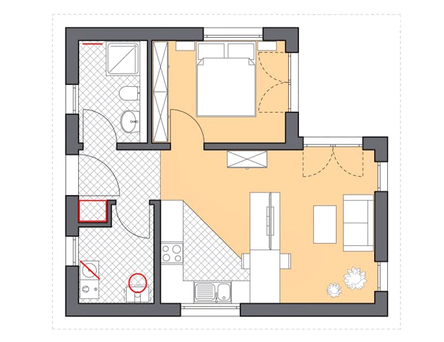 Winkelförmiger Tiny House Grundriss 48 qm