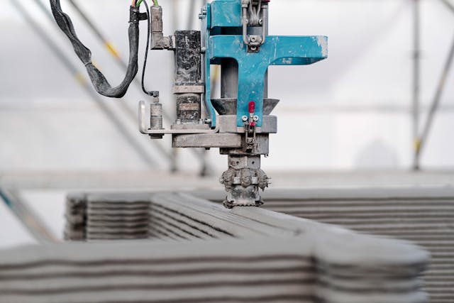 Die am Druckerarm befestigte Düse spritzt für ein 3D-gedrucktes Haus Betonlinien exakt aufeinander