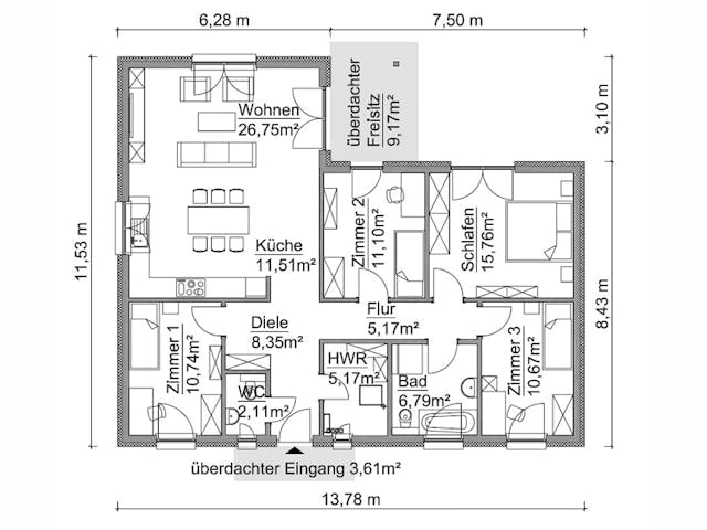 Fertighaus SH 115 WB XXL Var. B von ScanHaus Marlow, Bungalow Grundriss 1 Fertighaus SH 115 WB XXL Var. B von ScanHaus Marlow, Bungalow Grundriss 1