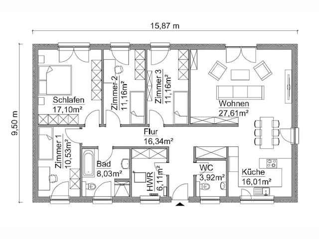Fertighaus SH 128 B von ScanHaus Marlow, Satteldach-Klassiker Grundriss 1