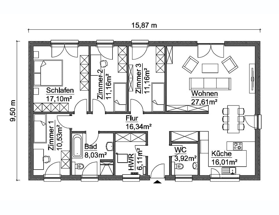 Fertighaus SH 128 B von ScanHaus Marlow, Satteldach-Klassiker Grundriss 1