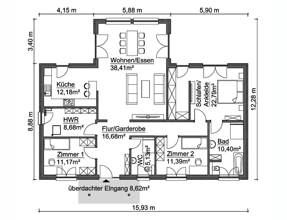 Fertighaus SH 136 WB - VAR. D2 von ScanHaus Marlow, Bungalow Grundriss 1