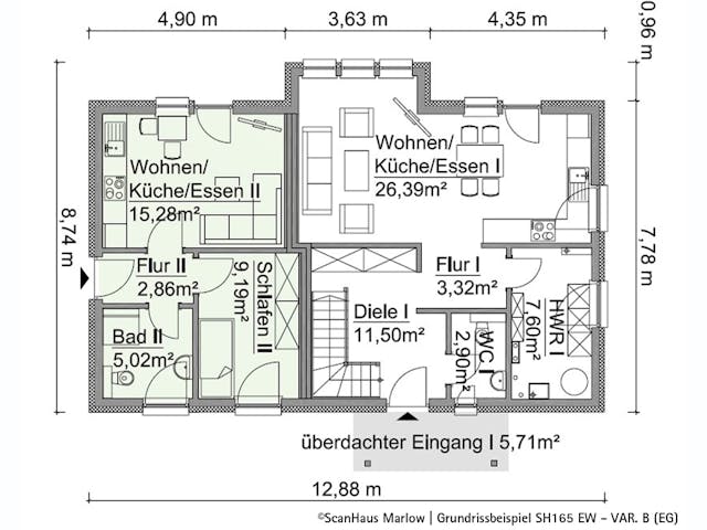 Fertighaus SH 165 EW - VAR. B von ScanHaus Marlow, Satteldach-Klassiker Grundriss 1