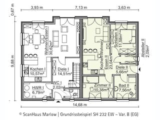 Fertighaus SH 232 EW Var. B von ScanHaus Marlow, Satteldach-Klassiker Grundriss 1