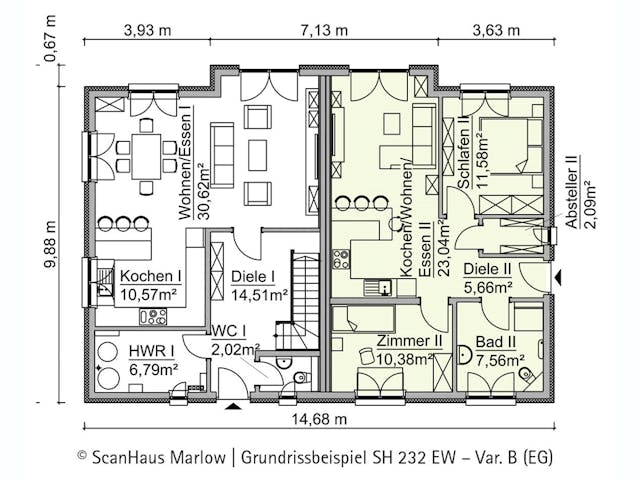 Fertighaus SH 232 EW Var. B von ScanHaus Marlow, Satteldach-Klassiker Grundriss 1