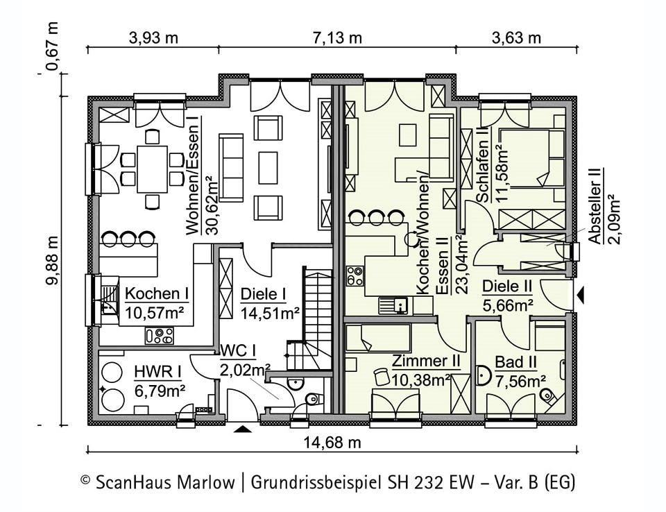 Fertighaus SH 232 EW Var. B von ScanHaus Marlow, Satteldach-Klassiker Grundriss 1