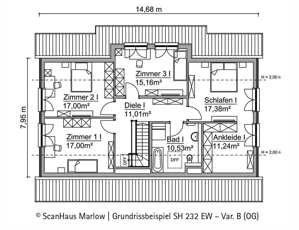 Fertighaus SH 232 EW Var. B von ScanHaus Marlow, Satteldach-Klassiker Grundriss 2