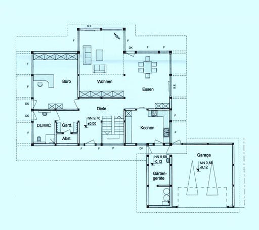 Fertighaus Holzskelettbau mit Garagenanbau von SCHULZE Holzbau Schlüsselfertig ab 672000€, Fachwerk Grundriss 1