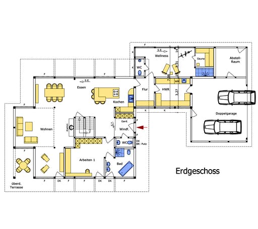 Fertighaus Holzskelettbau mit Flachdachanbau für Wellness und Garage von SCHULZE Holzbau Ausbauhaus ab 400000€, Grundriss 1