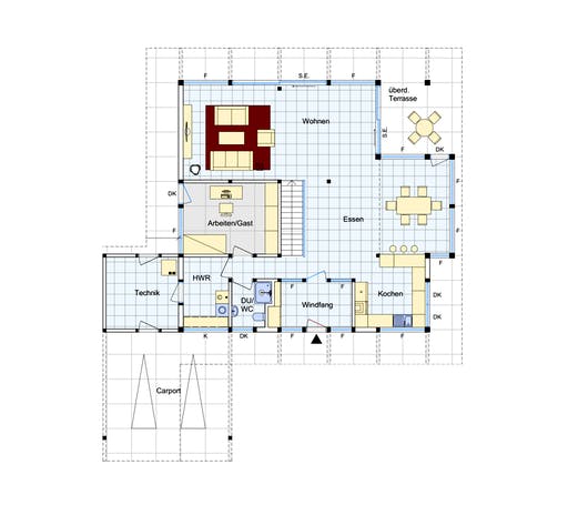 Fertighaus Holzskelettbau mit schwarzer Fachwerkkonstruktion von SCHULZE Holzbau Schlüsselfertig ab 678000€, Grundriss 1