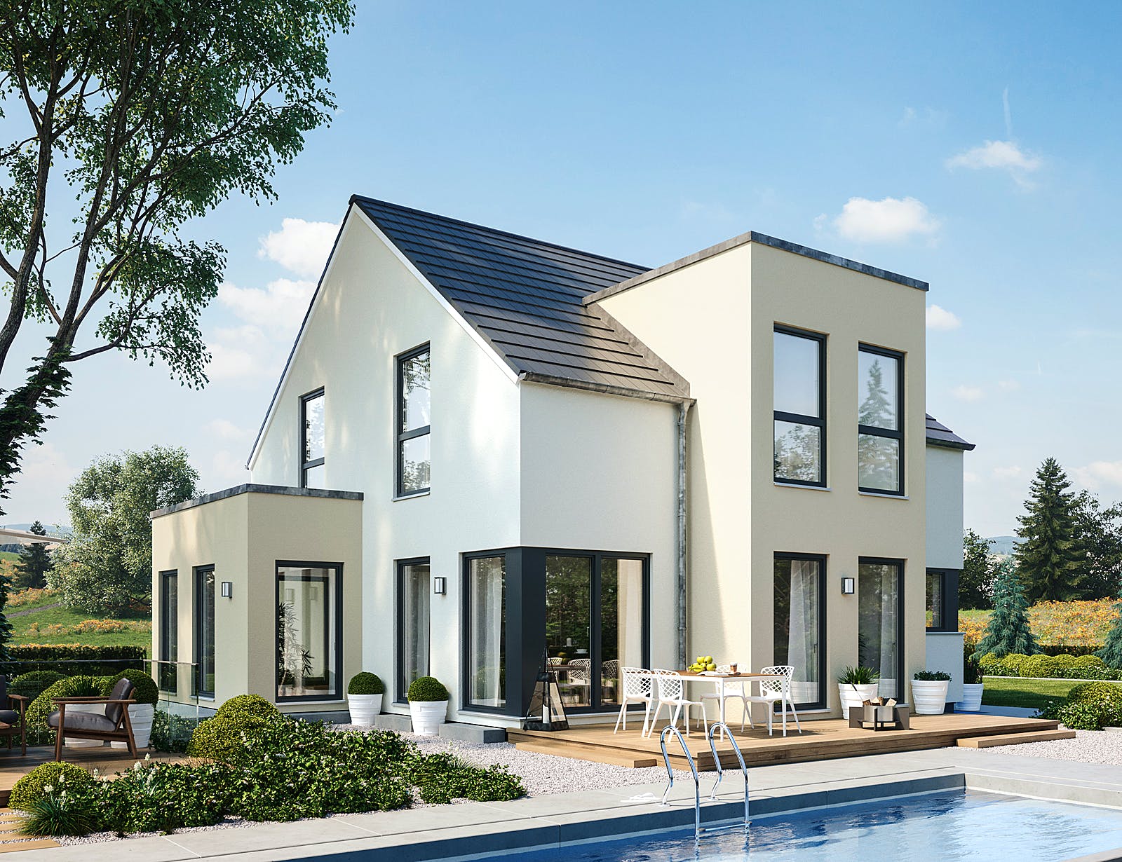 Fertighaus Sensation-E-133 E3 von SCHWABENHAUS Schlüsselfertig ab 355056€, Satteldach-Klassiker Außenansicht 1