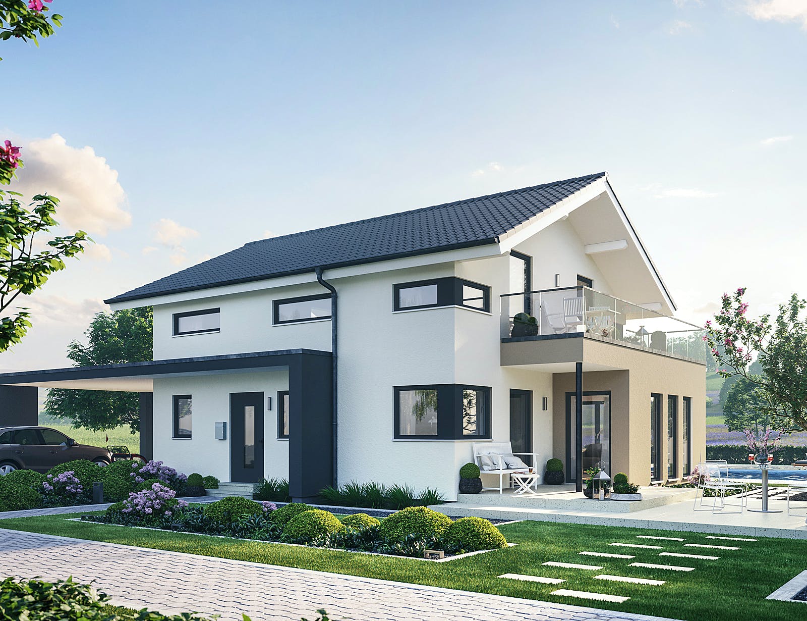 Fertighaus Sensation-E-133 E6 von SCHWABENHAUS Schlüsselfertig ab 354241€, Satteldach-Klassiker Außenansicht 1